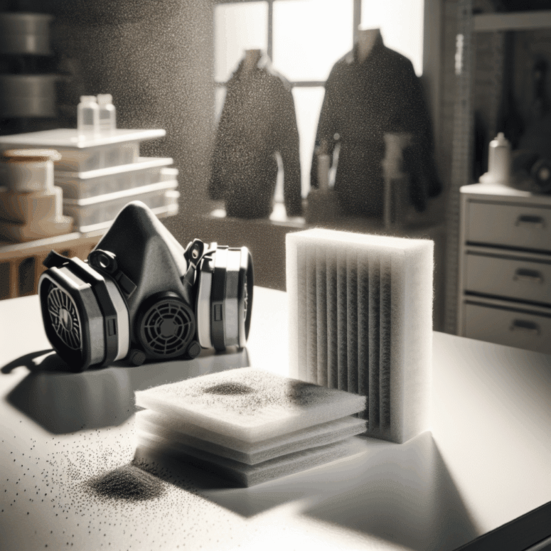 ProDefend carbon filter pads next to reusable mask on white workbench, showing texture and value for activated carbon pads price guide.