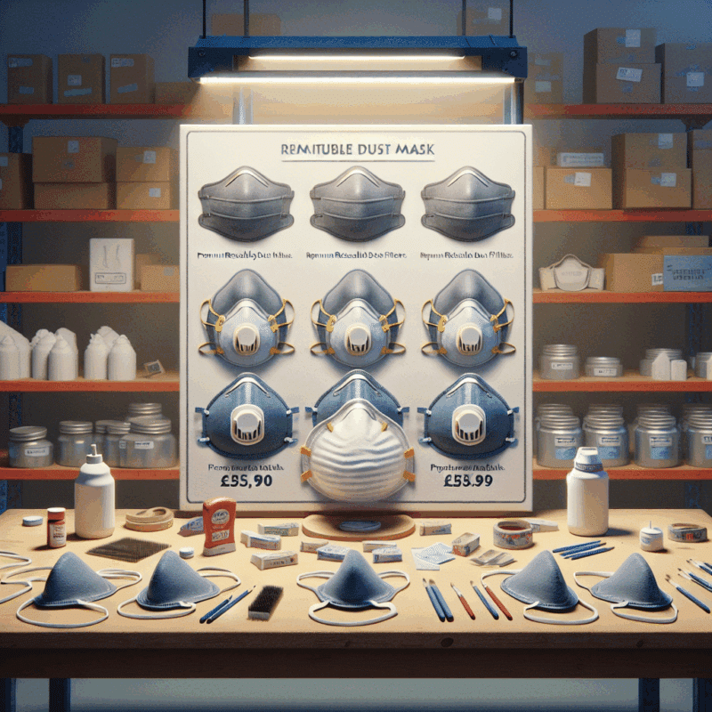 Reusable dust mask UK comparison showing CoreMask next to disposable options with visible UK pricing on a workbench.