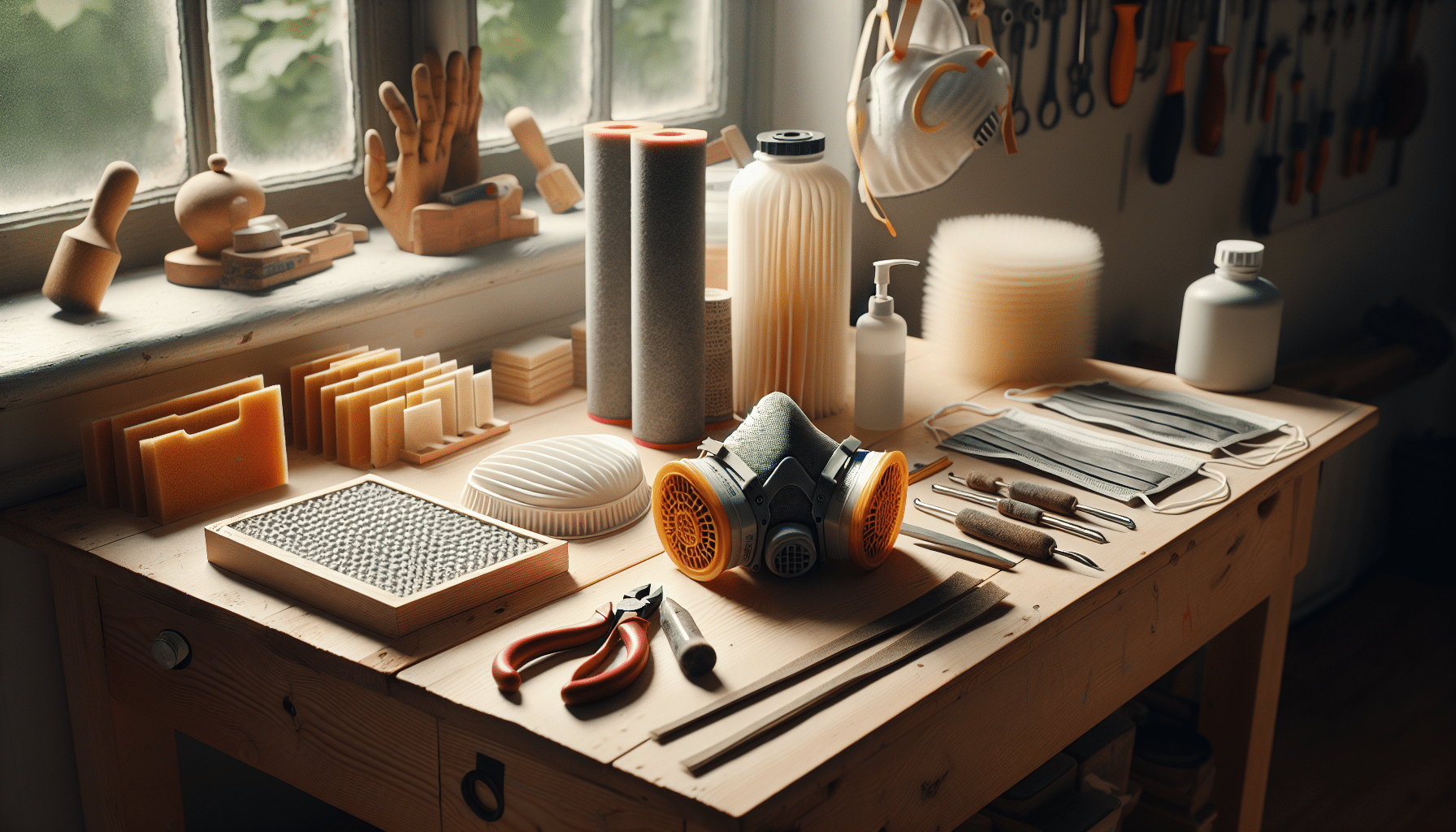 FlowCore filters beside a Torxup mask on a workbench, illustrating plaster sanding protection setup.