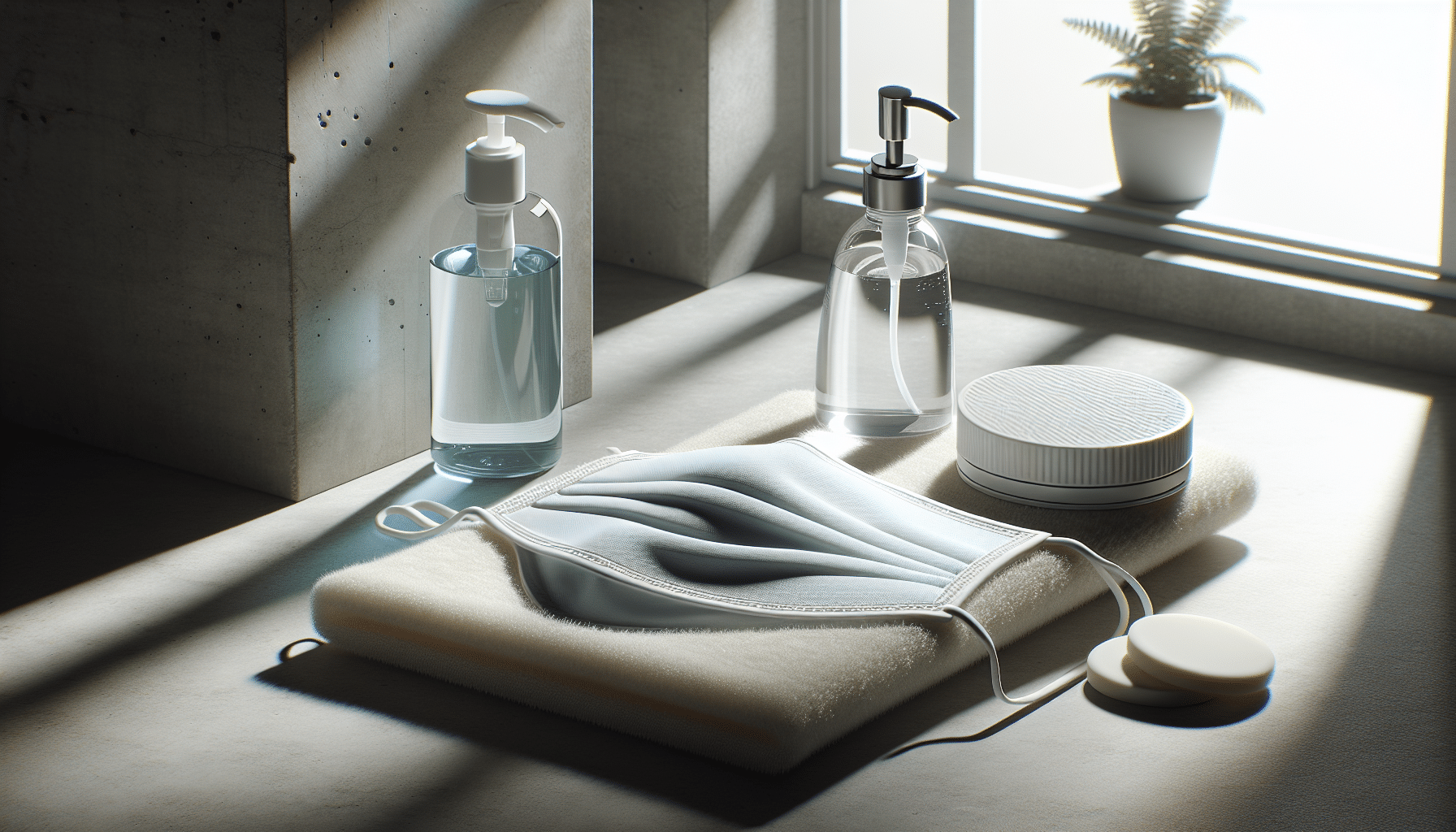 CoreMask washable face seal drying on a towel with mild soap dispenser beside it, emphasizing careful hygiene maintenance.