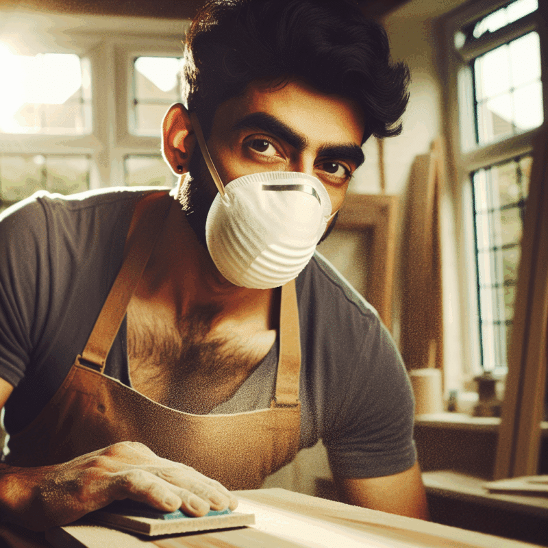 A DIY renovator using a budget respirator UK CoreMask while sanding wood in a dust-filled home workspace.