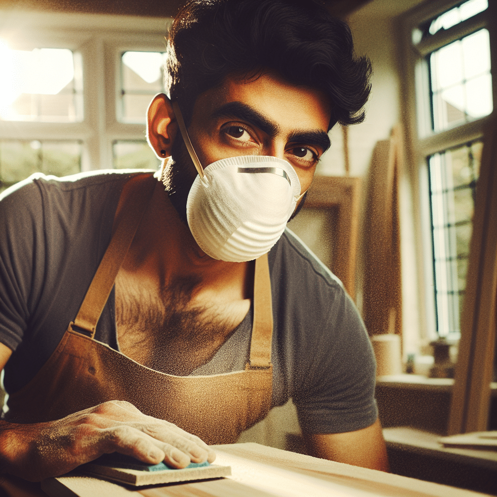 A DIY renovator using a budget respirator UK CoreMask while sanding wood in a dust-filled home workspace.