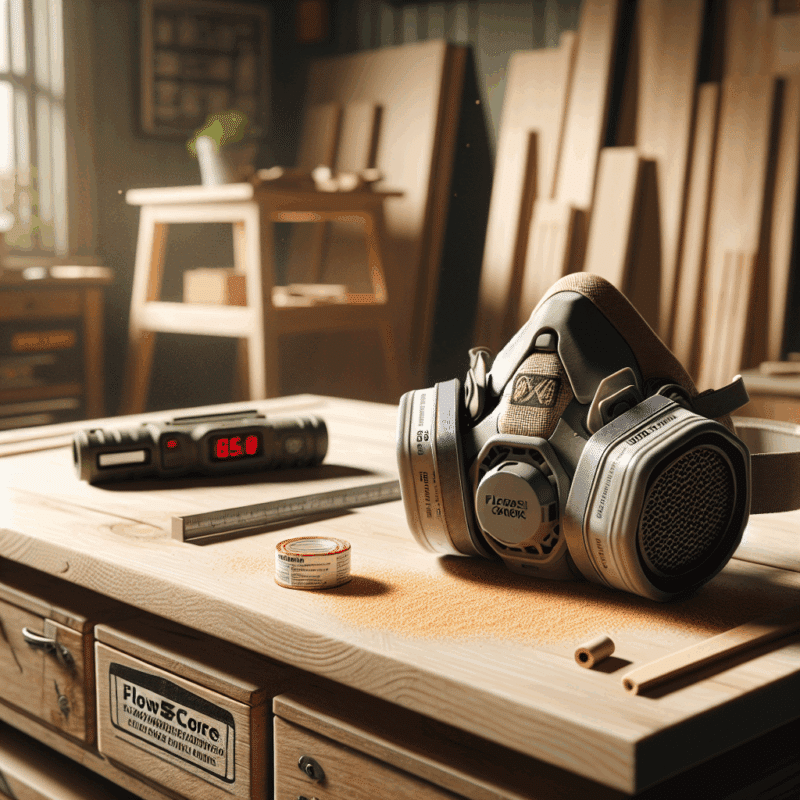 Best dust mask UK shown in a workshop with Torxup CoreMask and FlowCore filter surrounded by DIY tools and fine dust in the air.