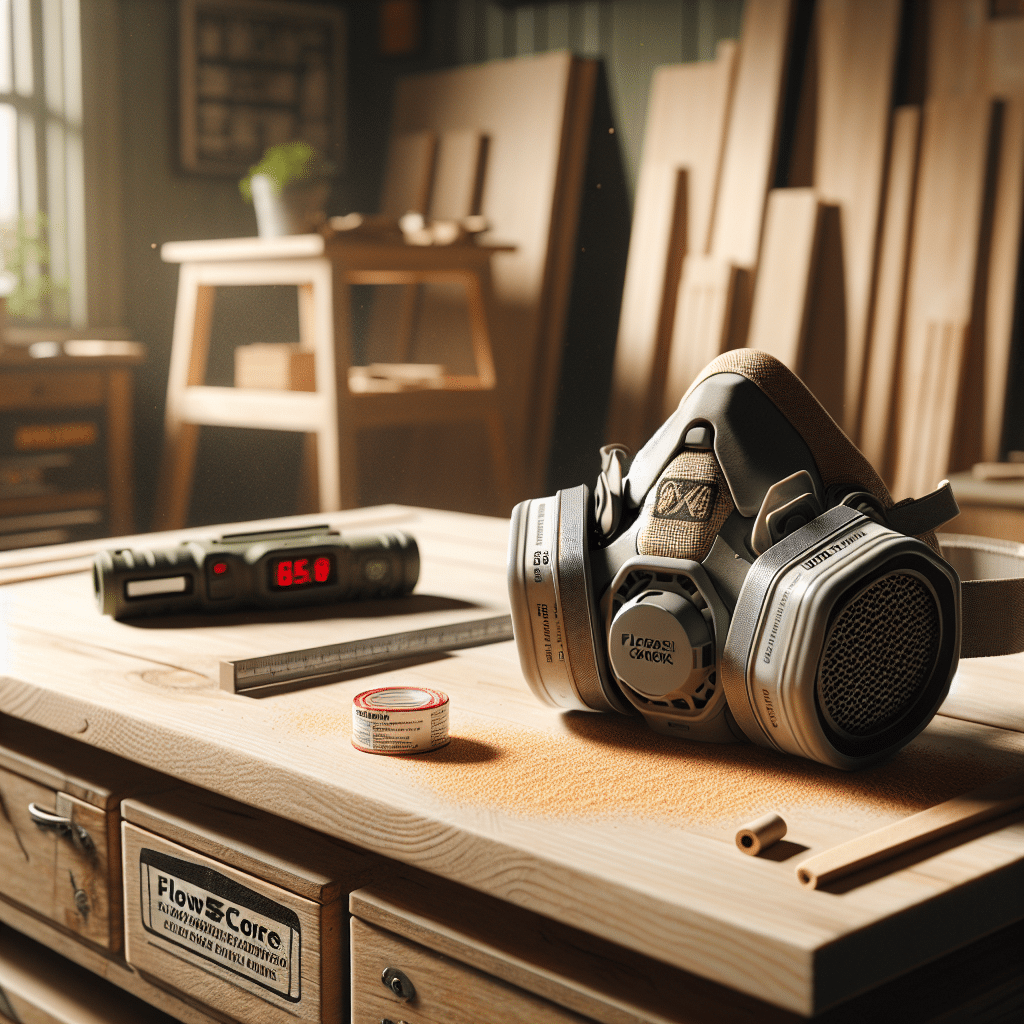Best dust mask UK shown in a workshop with Torxup CoreMask and FlowCore filter surrounded by DIY tools and fine dust in the air.