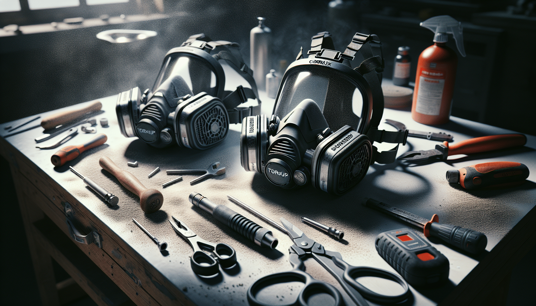 FlowCore and ProDefend dust filter respirators side by side on workbench, showing key differences for trade vs DIY users.