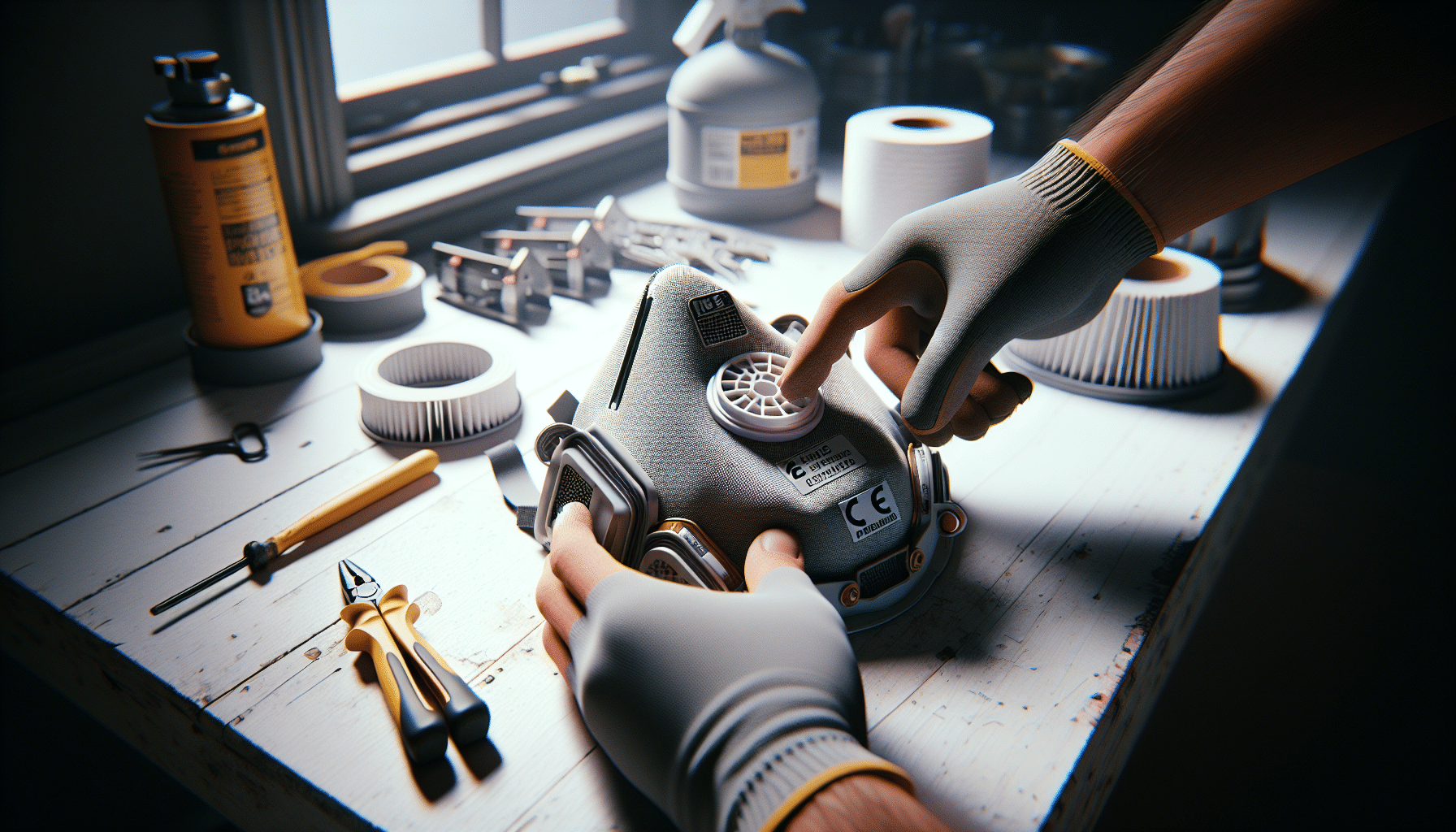 Hands installing N95 CE marked ProDefend filter into a reusable mask—showcasing safety setup for DIYers.
