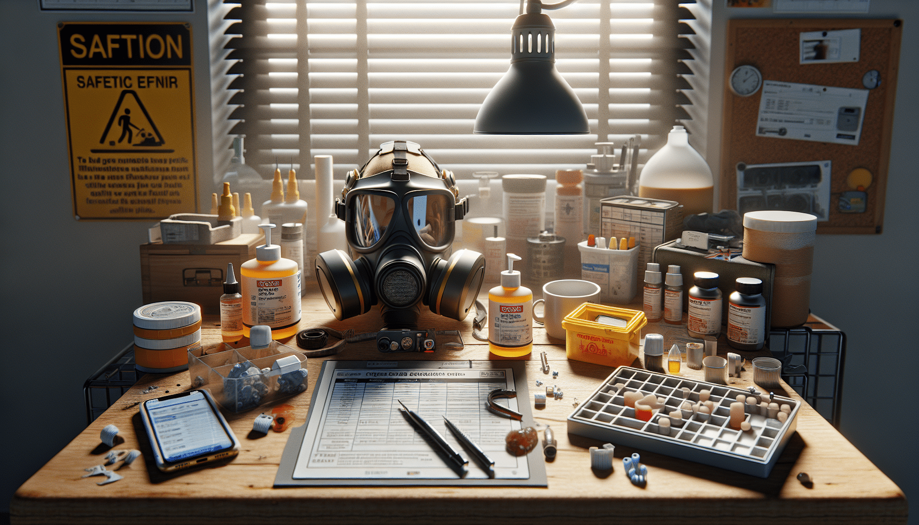 Resin workspace showing Torxup mask with ProDefend filters beside crafting gear and open resin containers.