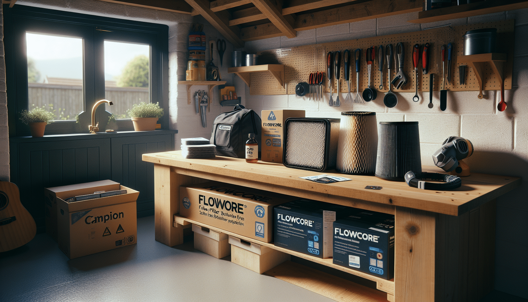 Hands compare FlowCore pads with carbon filters on a UK workshop bench — highlighting cost comparison and usage.