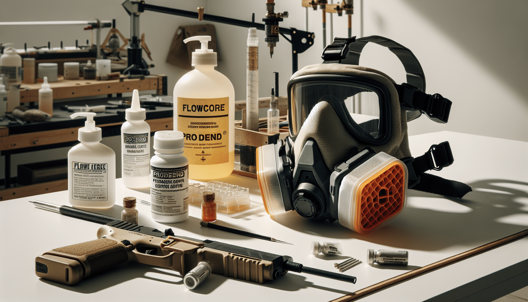 Reusable mask with FlowCore and ProDefend filters placed next to resin project tools for safe DIY crafting.