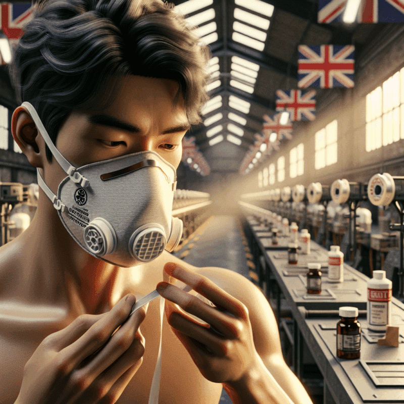 Worker checks for dust mask leaks while adjusting CoreMask straps in well-lit workshop; proper mask seal at nose and chin.