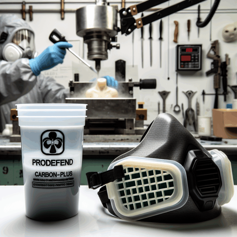 Reusable dust mask with visible ProDefend filter on bench during resin work, demonstrating ProDefend odour testing safety functions.