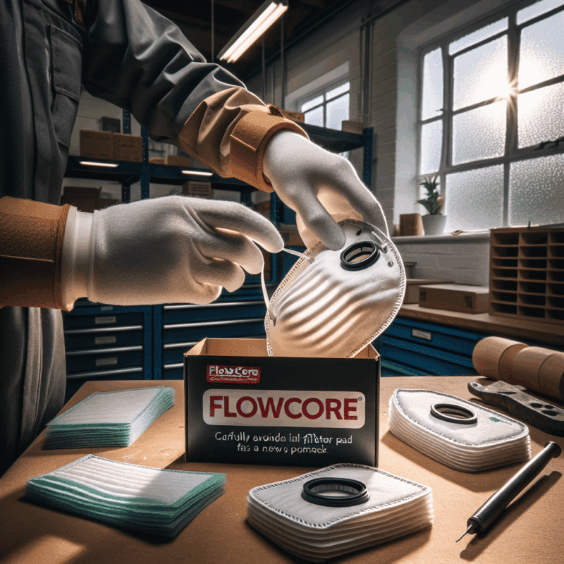 A dust mask filter replacement in progress showing a gloved hand removing a used FlowCore pad in a UK workshop setting.