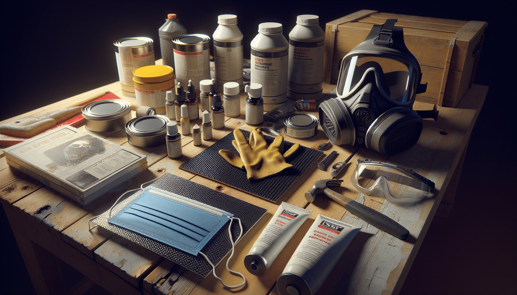 Top-down view of ProDefend carbon pads with Torxup mask and PPE, ready for use in paint or resin work.