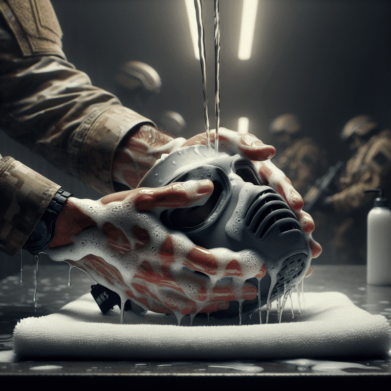 Close-up of CoreMask cleaning with a person gently washing the silicone face seal under warm water in a clean indoor space.