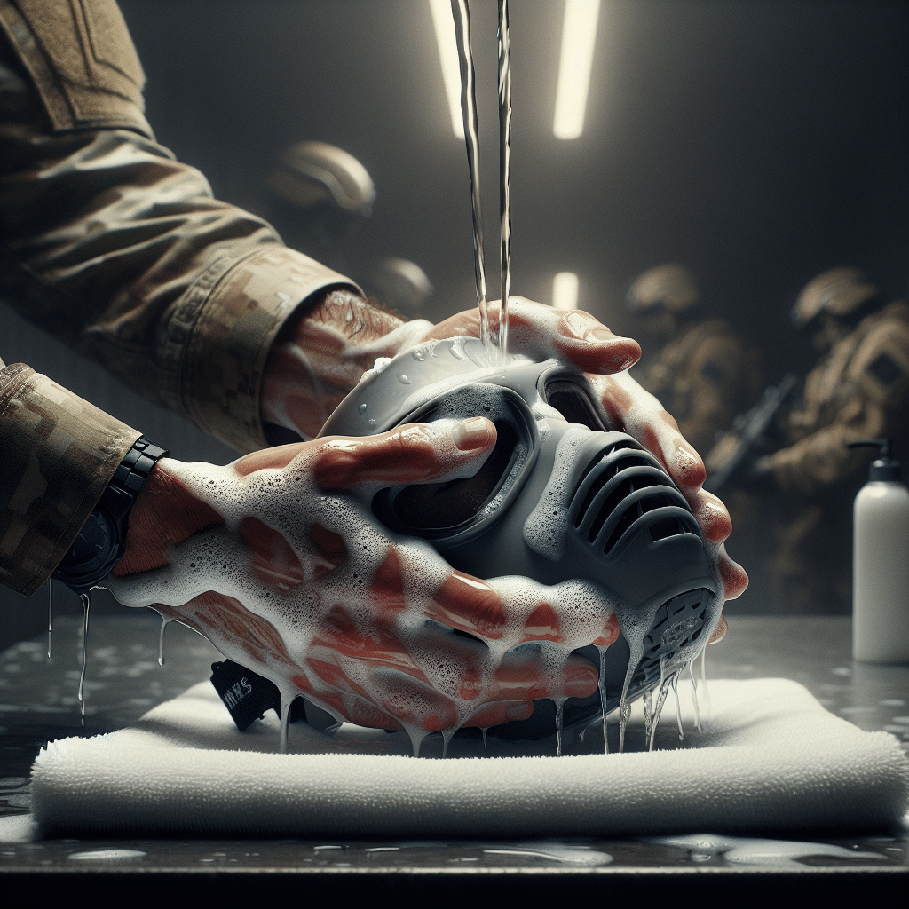 Close-up of CoreMask cleaning with a person gently washing the silicone face seal under warm water in a clean indoor space.