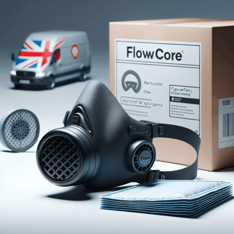 FlowCore pads UK shown beside a Torxup CoreMask respirator with clear branding and delivery icon indicating same-day dispatch.