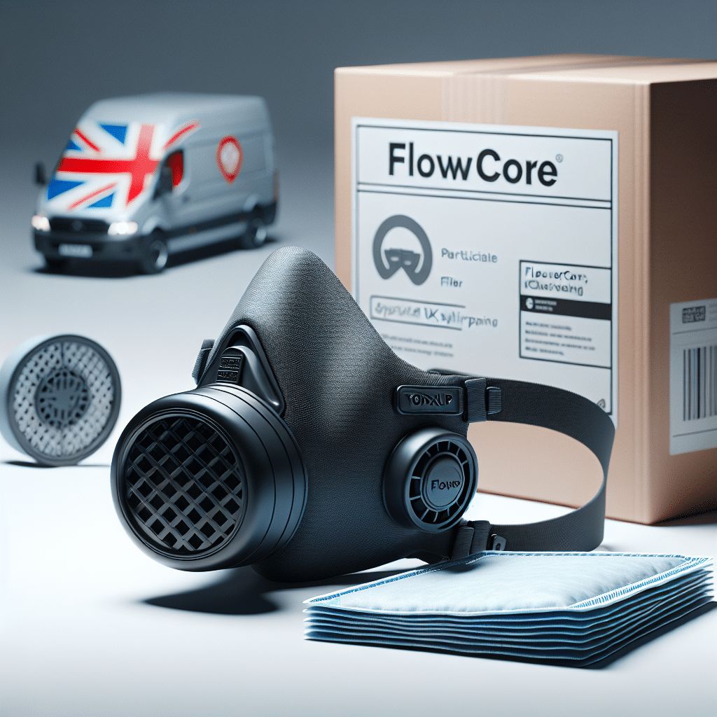 FlowCore pads UK shown beside a Torxup CoreMask respirator with clear branding and delivery icon indicating same-day dispatch.