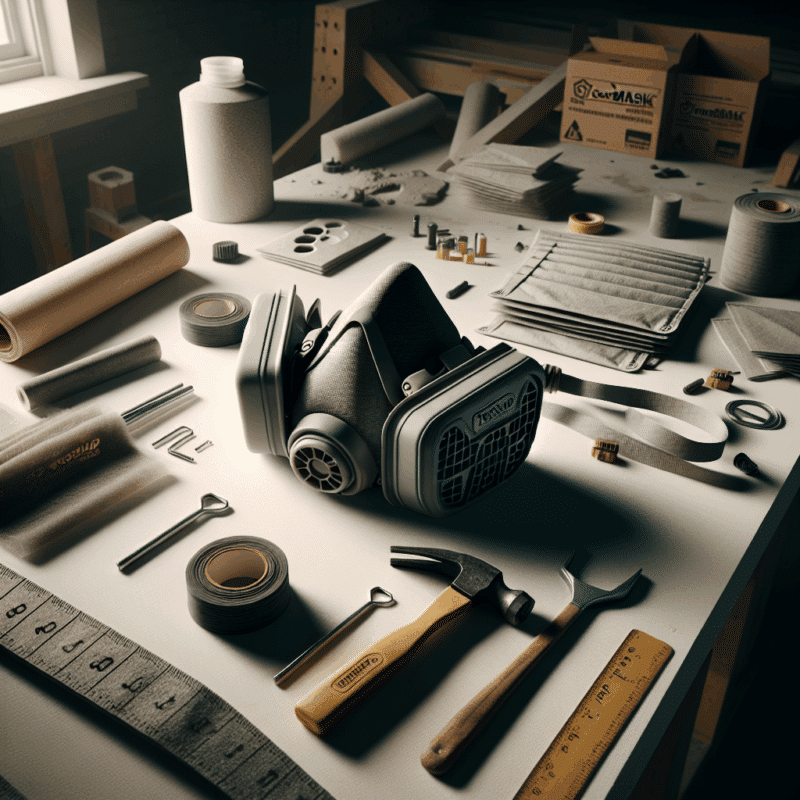 Close-up view of Torxup CoreMask showing clean filter components, highlighting proper wear time guidance on construction site.