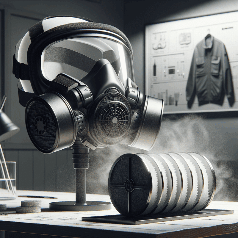 Close-up of a respirator mask fitted with a carbon pad filter, showing vapour absorption layers in a DIY workspace.