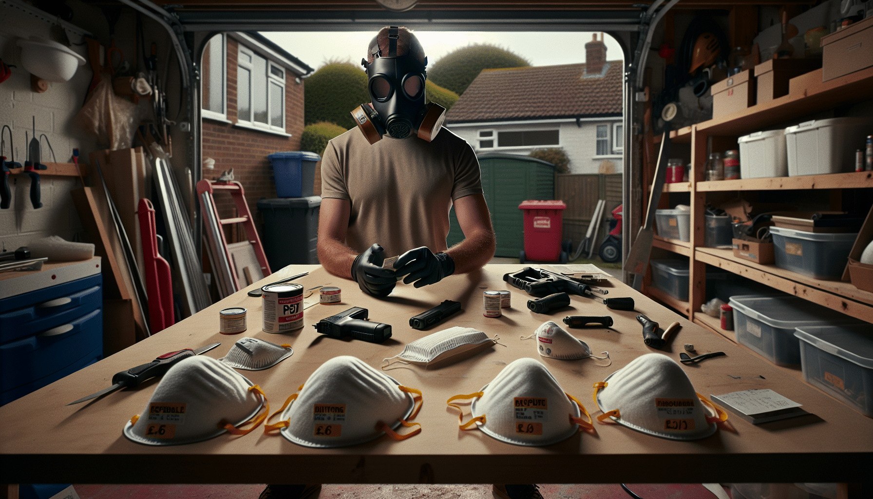 Hands comparing reusable dust mask filters with disposable masks on UK garage workbench with pricing labels.