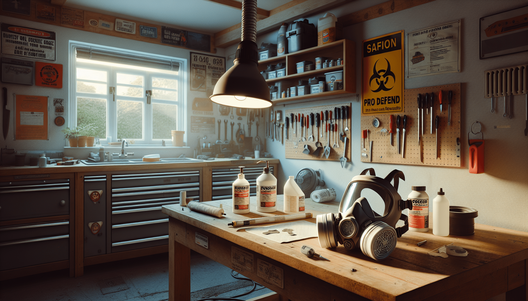 Workbench view showing ProDefend respirator, solvent bottles, and active ventilation fan for solvent safety in indoor workspace.