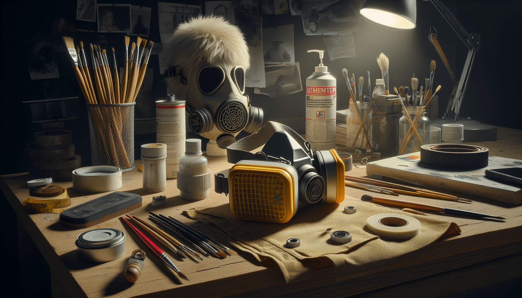 Torxup CoreMask on a painter’s bench with accessories, showing reusable face mask setup for optimal protection.