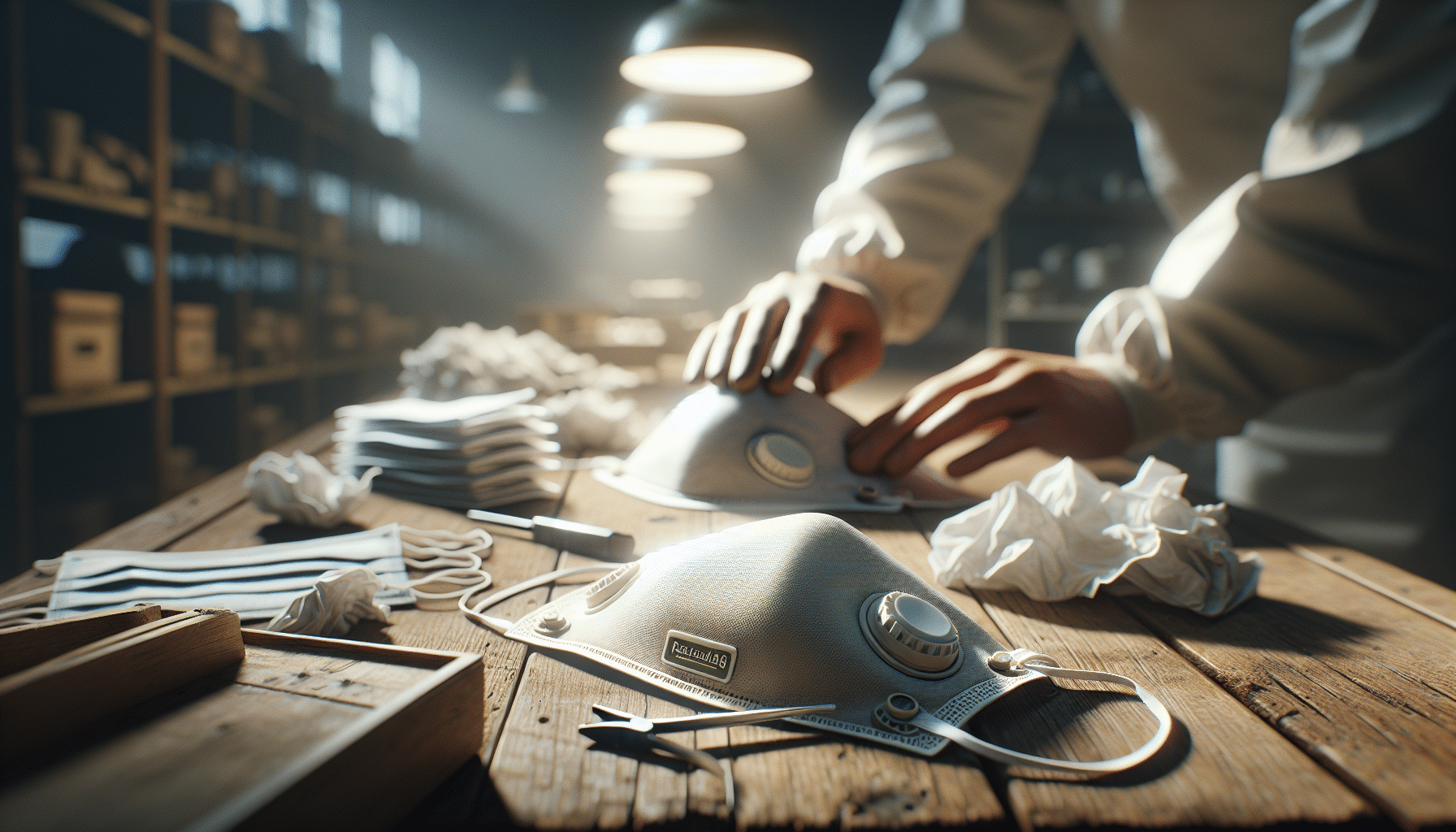 Visual comparison of reusable Torxup CoreMask versus crumpled disposable dust masks on workshop bench.