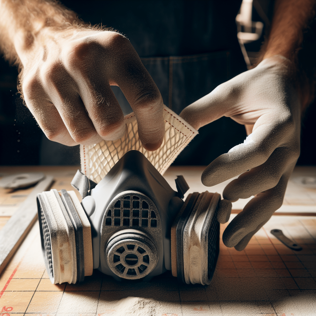 Hands showing how to swap FlowCore filter on reusable respirator during workshop use when airflow becomes difficult.