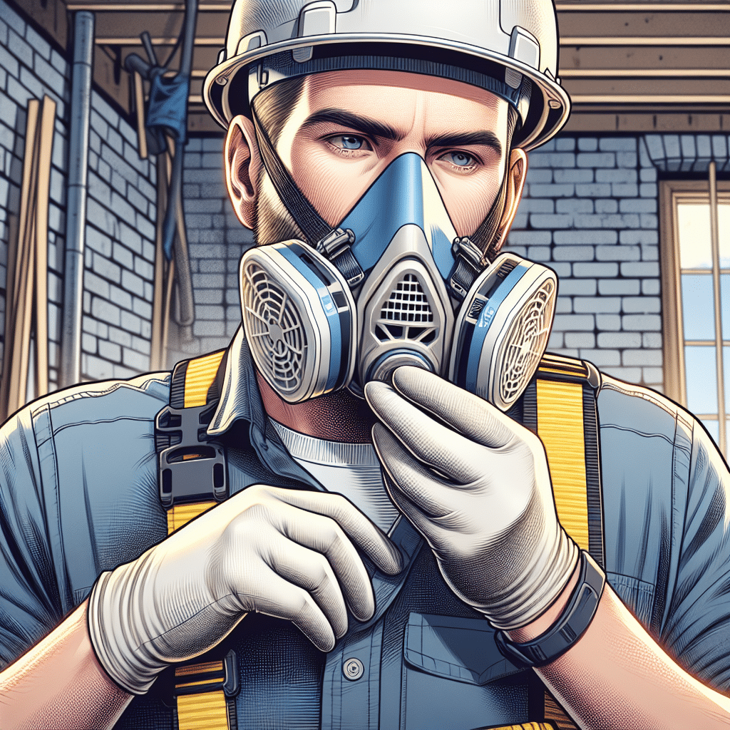 A trade worker adjusts a CoreMask respirator for a secure ergonomic fit using adjustable harness straps on a building site.