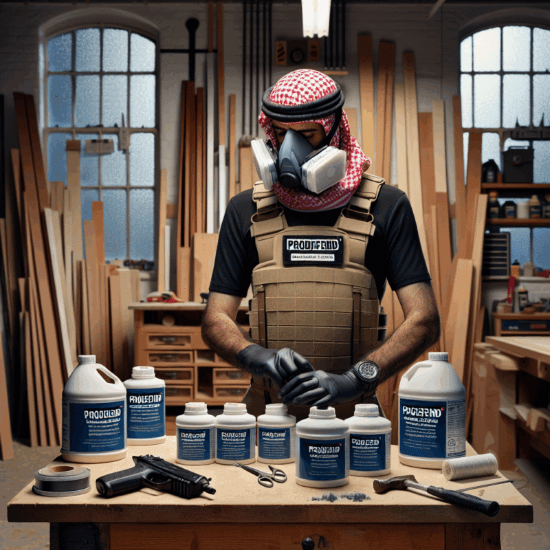 Hands fitting a reusable respirator with ProDefend carbon filters in a workshop with adhesive tools—ideal for adhesive masks content.