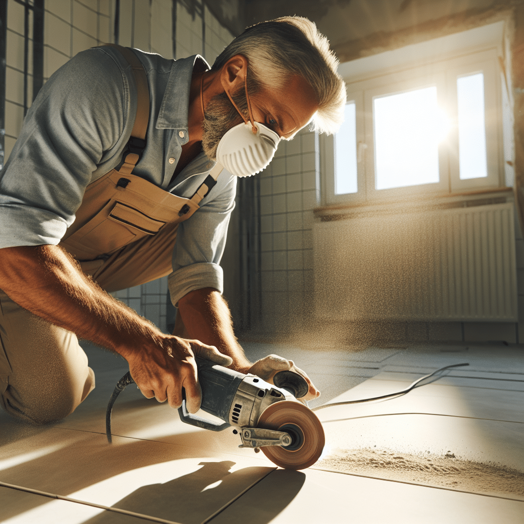 Close-up of best dust mask for plaster being used by a DIYer cutting tiles indoors with visible dust and bright natural light.