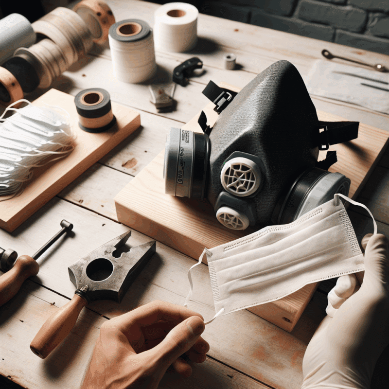 Comparing a reusable Torxup CoreMask and disposable dust masks on a workbench during workshop use.