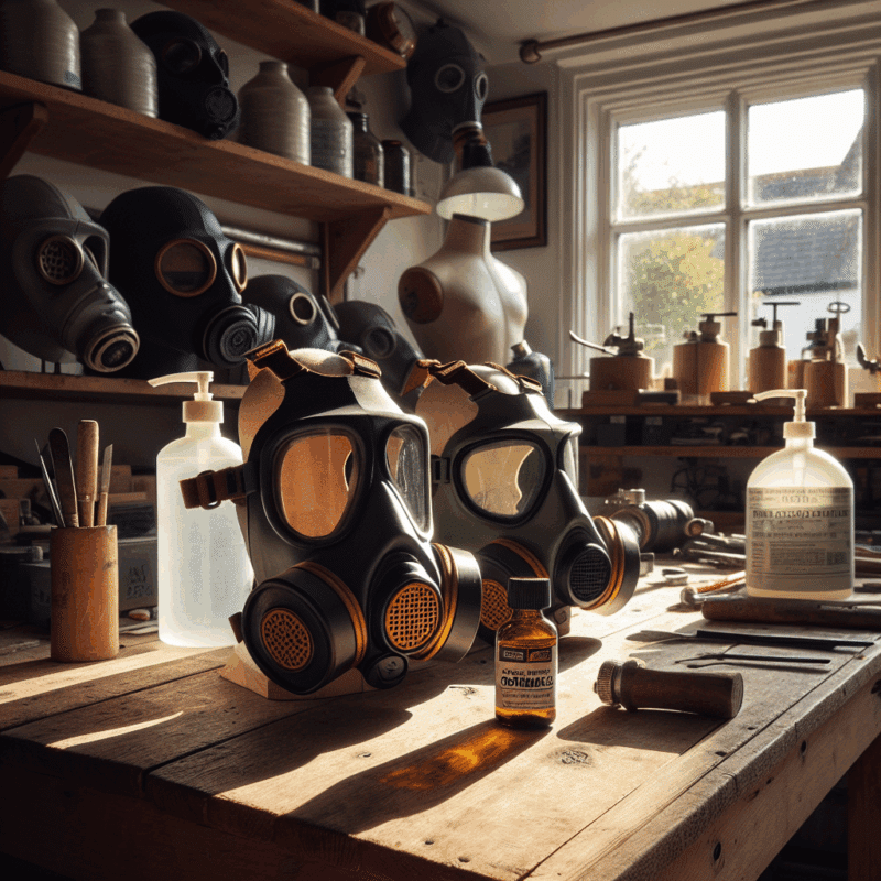 A resin fumes respirator comparison featuring ProDefend and CoreMask on a home workbench next to casting resin.