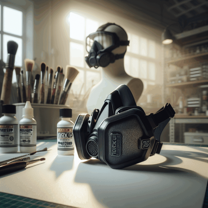 Close-up view of a Torxup respirator mask equipped with ProDefend and FlowCore paint prep filters in a UK painter’s workspace.