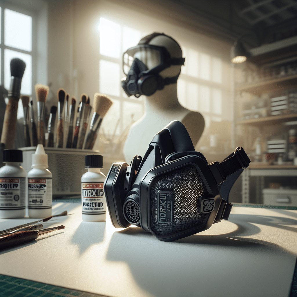 Close-up view of a Torxup respirator mask equipped with ProDefend and FlowCore paint prep filters in a UK painter’s workspace.