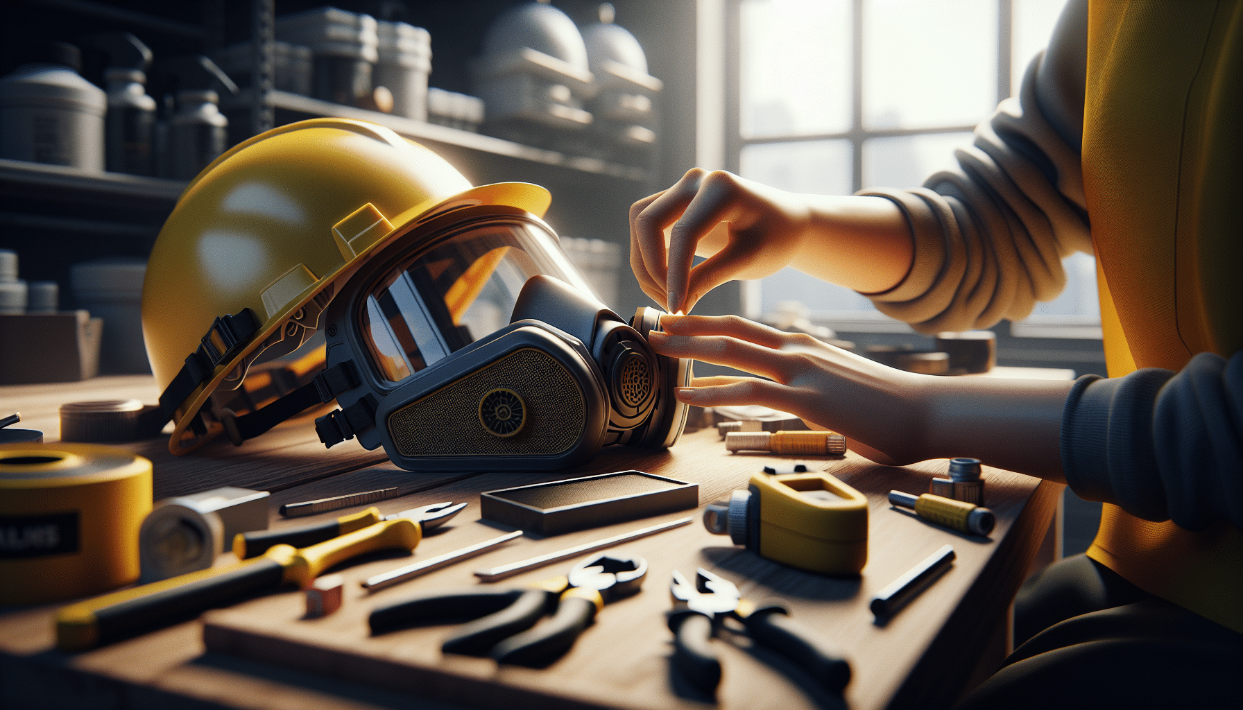 Hands prepping CoreMask and hard hat for PPE use on a trade workbench setup.