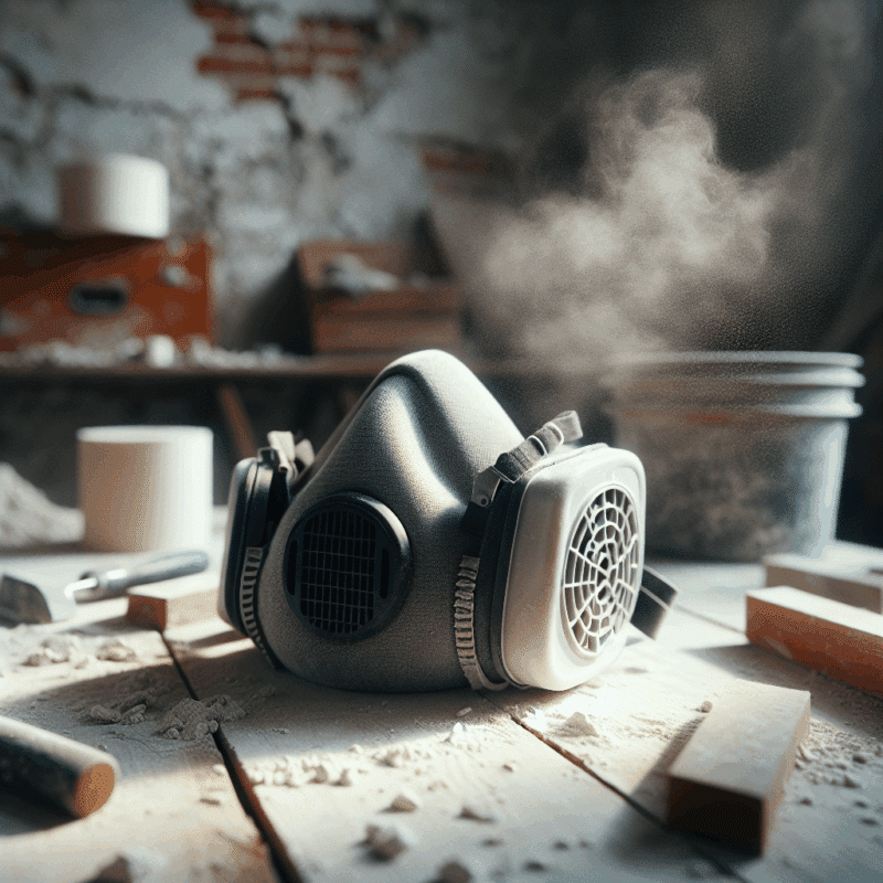 Close-up of a workshop dust mask with FlowCore filter on a DIY bench covered in plaster and tile dust.