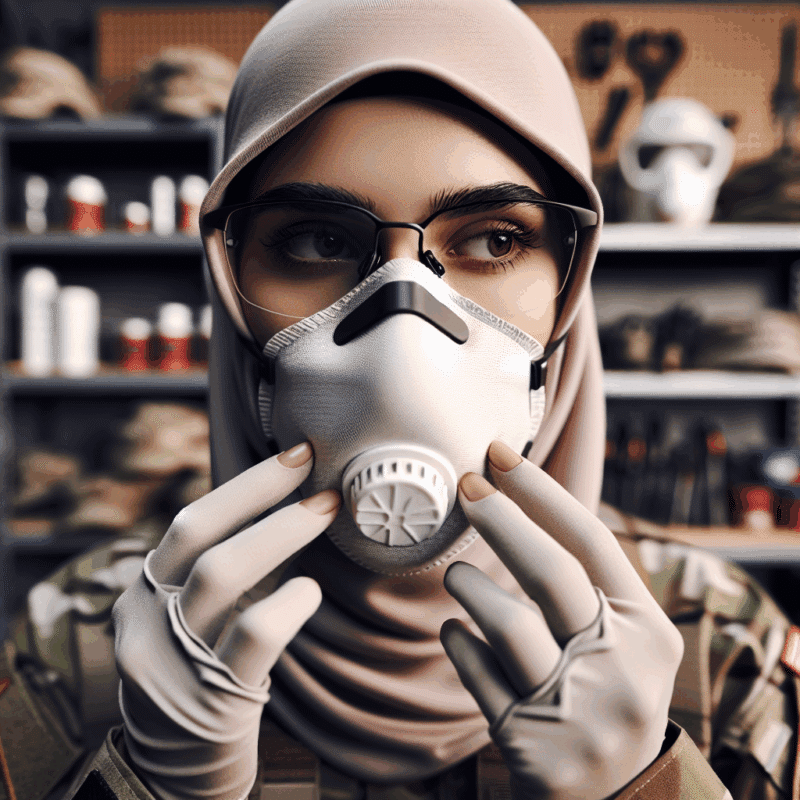 Person wearing the best mask for glasses wearers in a workshop, glasses clearly fog-free while adjusting the face mask.