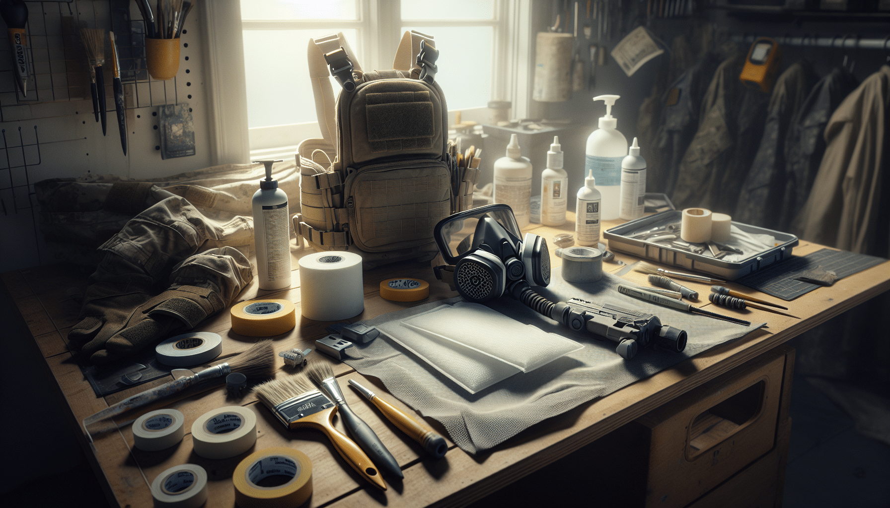 Flat lay view of ProDefend pad, paint respirator, and cartridge on workshop table with painting tools around.