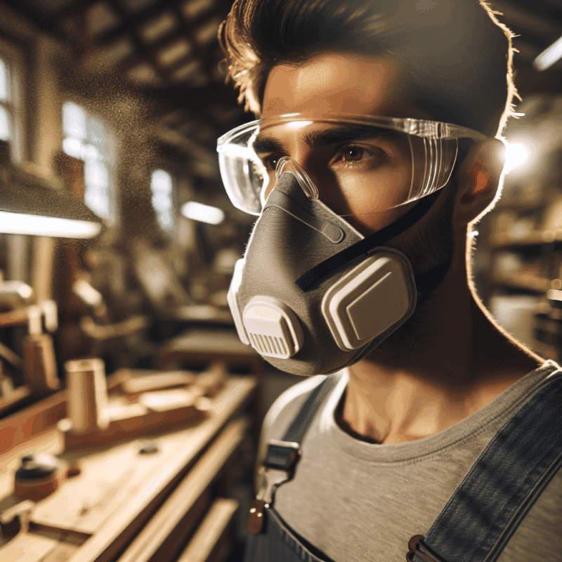Man wearing reusable dust mask with clear, fog-free glasses at workbench, showing how to stop glasses fogging.