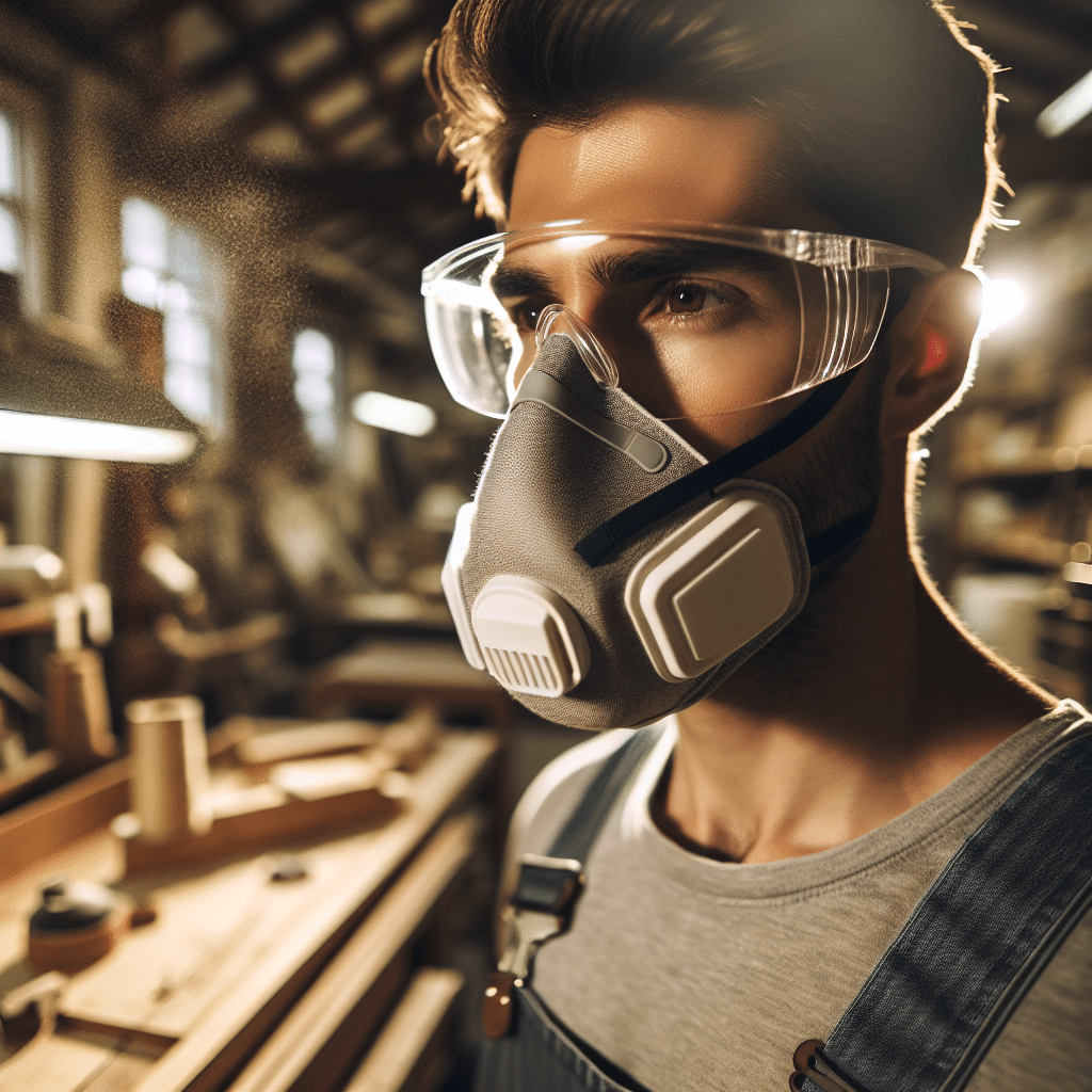 Man wearing reusable dust mask with clear, fog-free glasses at workbench, showing how to stop glasses fogging.