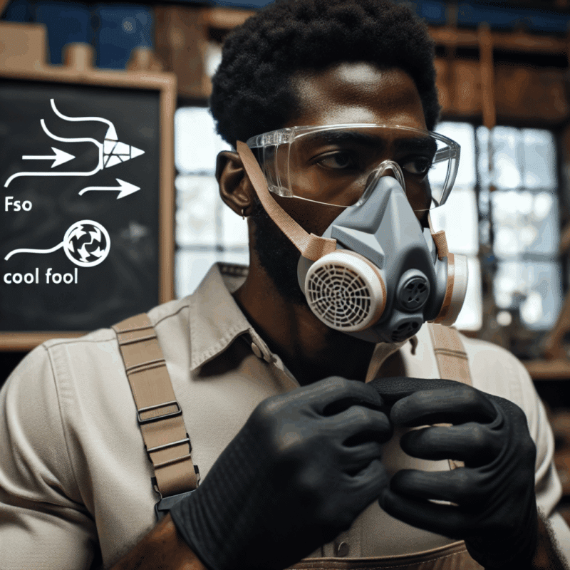 A DIY worker adjusts the Torxup CoreMask, showing fog-free glasses and airflow in a bright, ventilated workshop.