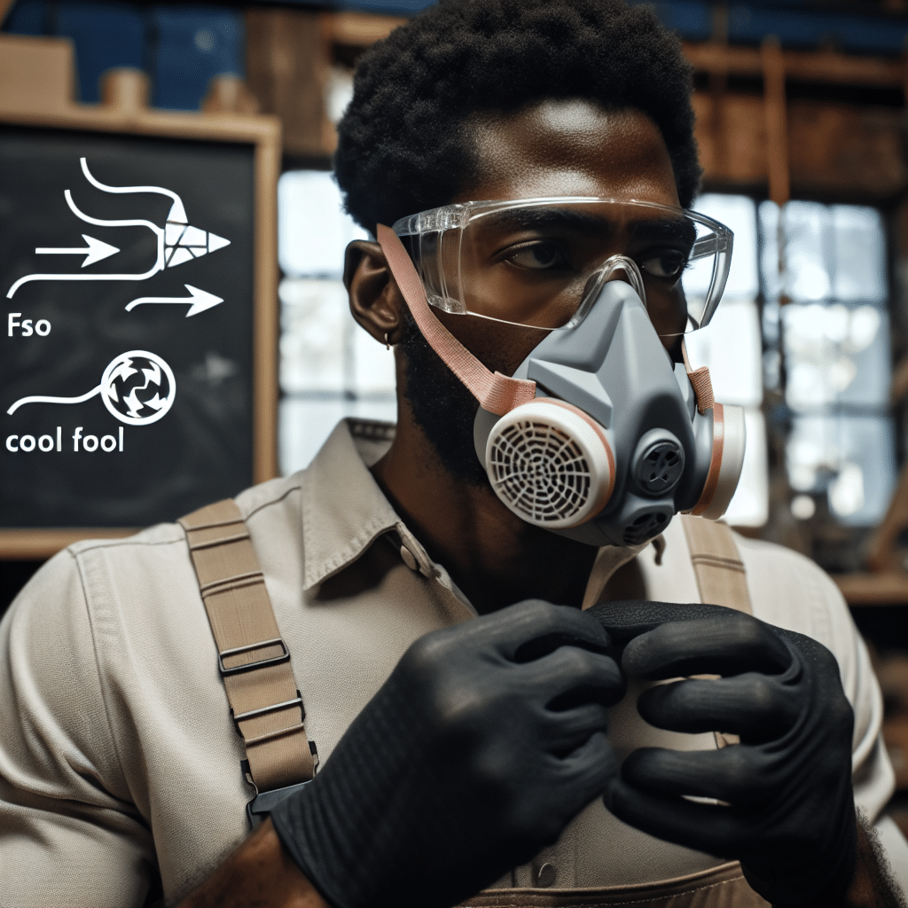 A DIY worker adjusts the Torxup CoreMask, showing fog-free glasses and airflow in a bright, ventilated workshop.