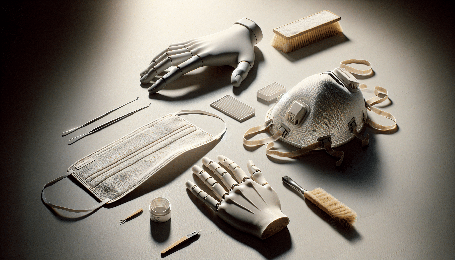 Flat lay view of CoreMask reusable face mask with detached filter and trade tools, showcasing replaceable filter face mask UK concept.