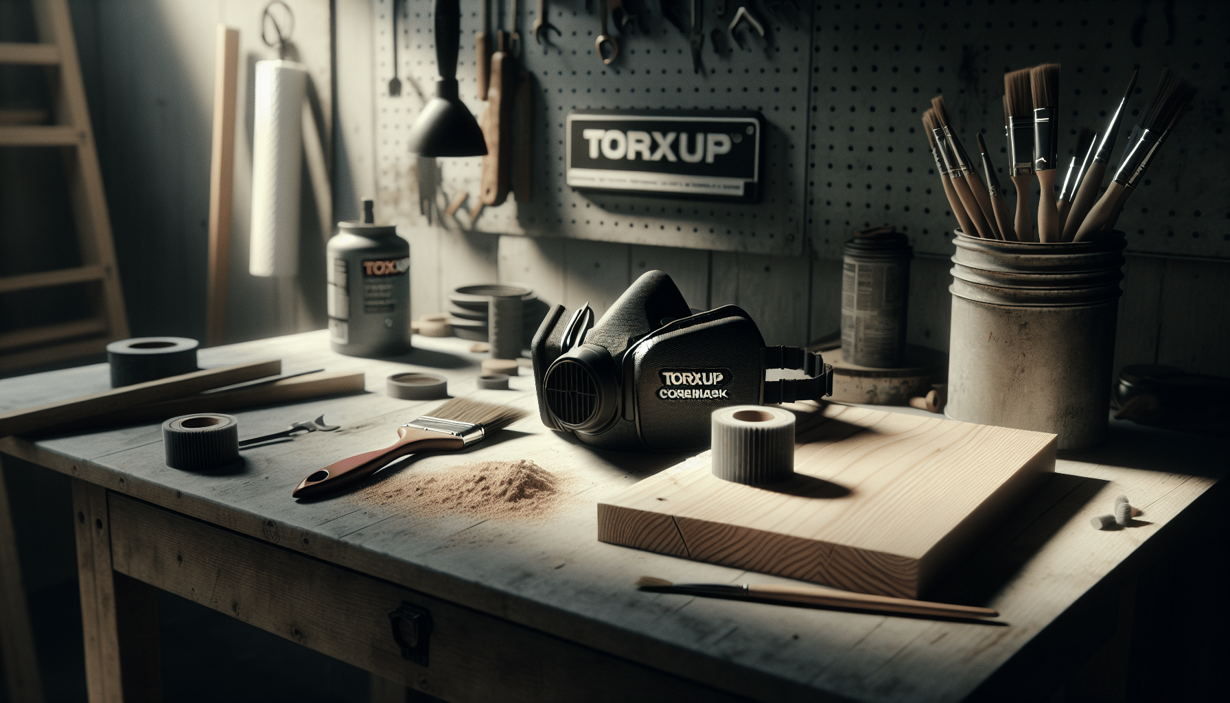 Hands preparing a Torxup CoreMask respirator on a DIY workbench with filters nearby—budget respirator UK in real-use scenario.