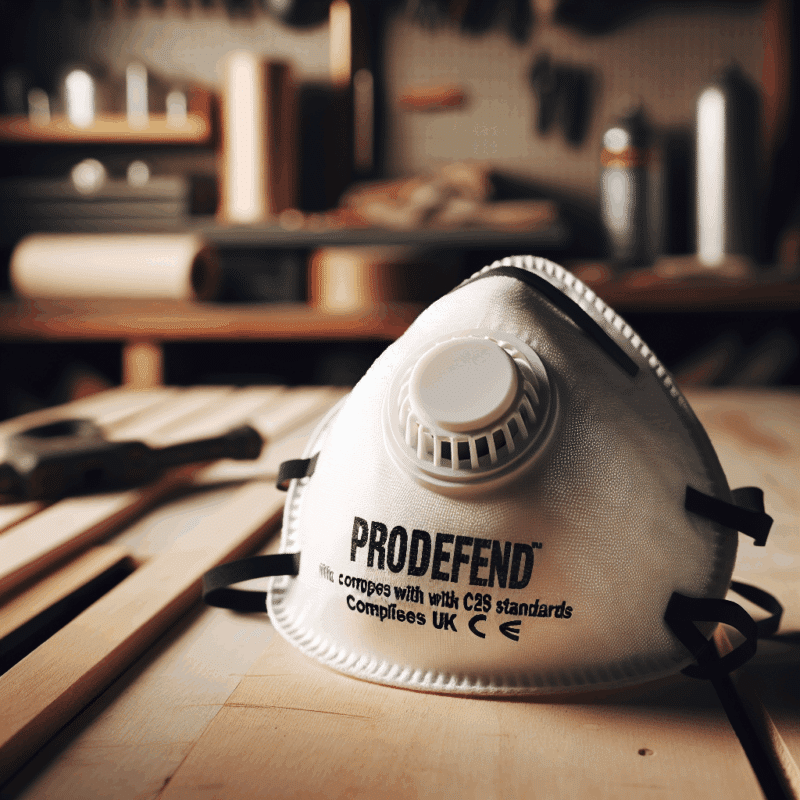Close-up of reusable respirator mask with N95 CE marked ProDefend filter on wooden workbench, ideal for UK DIY environment safety.