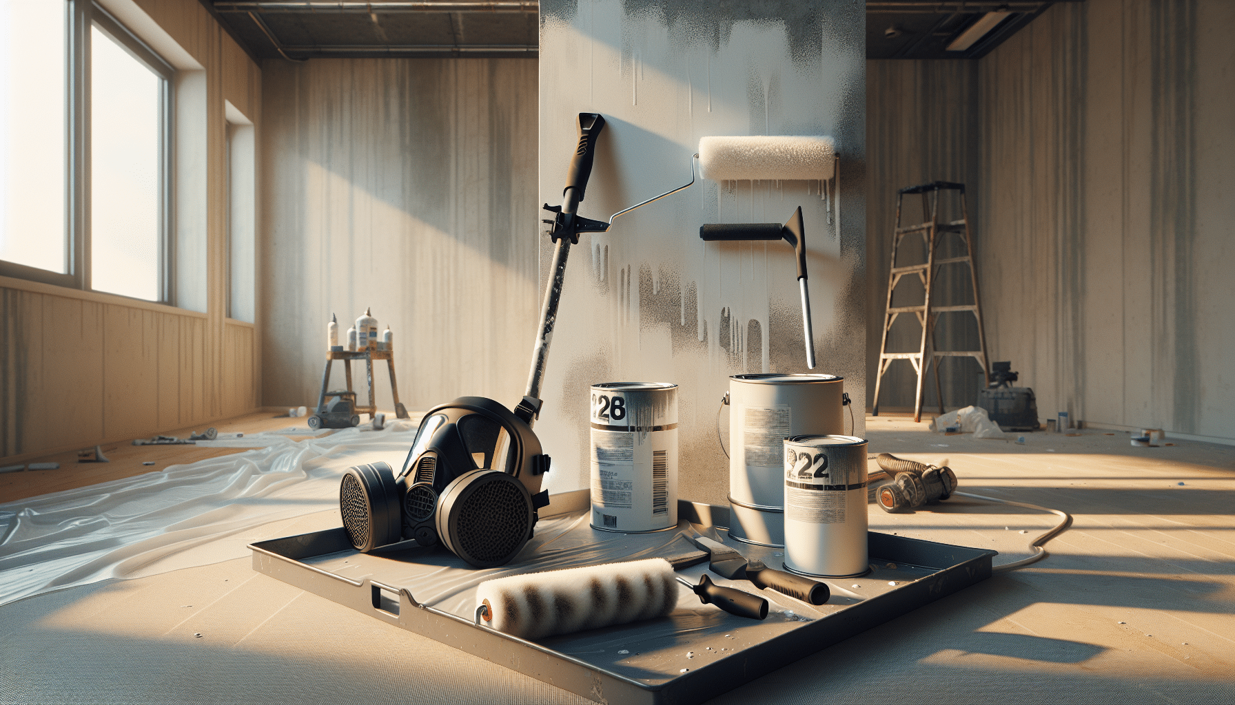 Reusable face mask UK by CoreMask placed beside paint cans and tools during indoor decorating project.