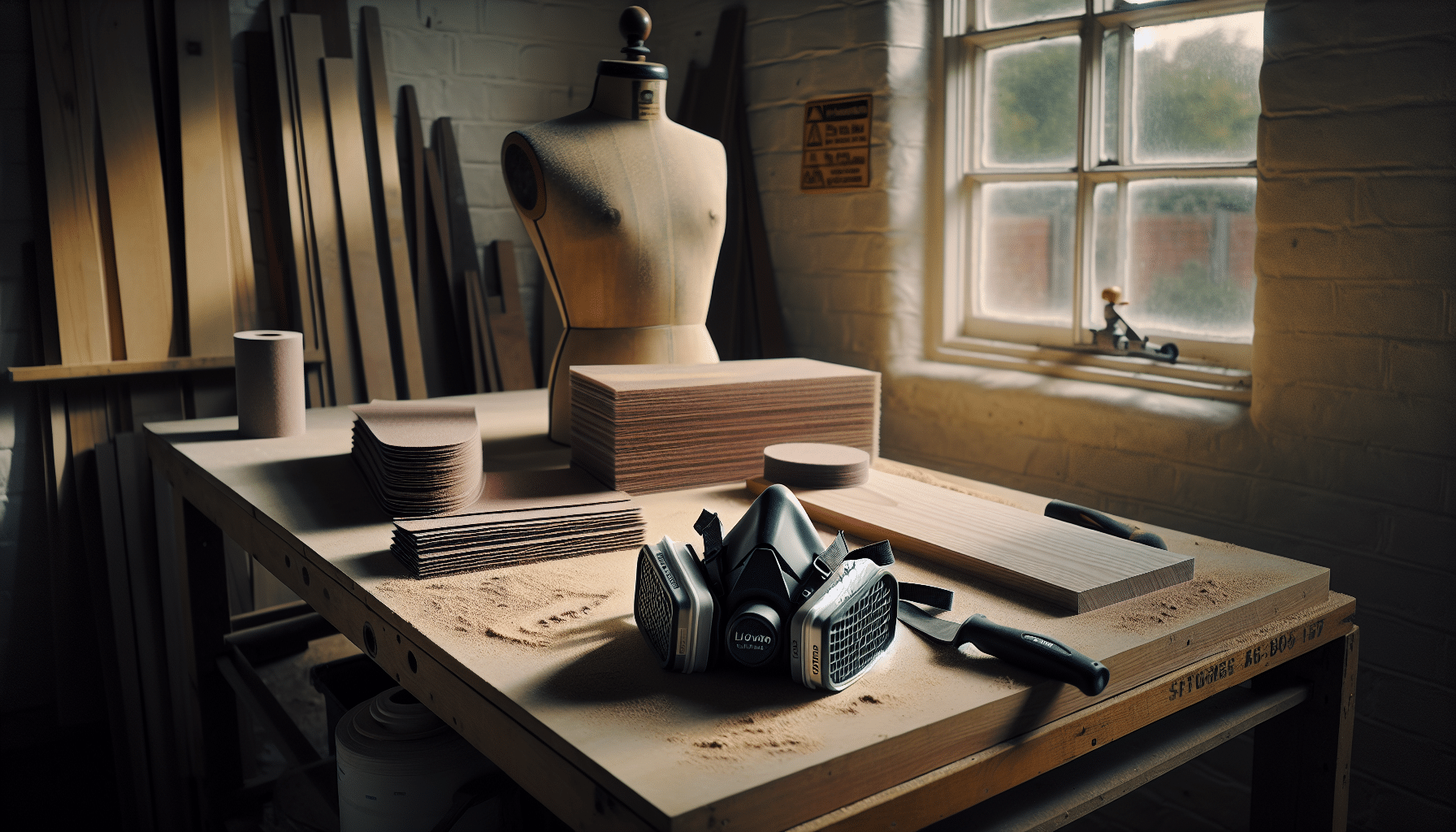 A dust mask with FlowCore pads beside timber being sanded on a clean DIY bench, illustrating effective mask filter setup.