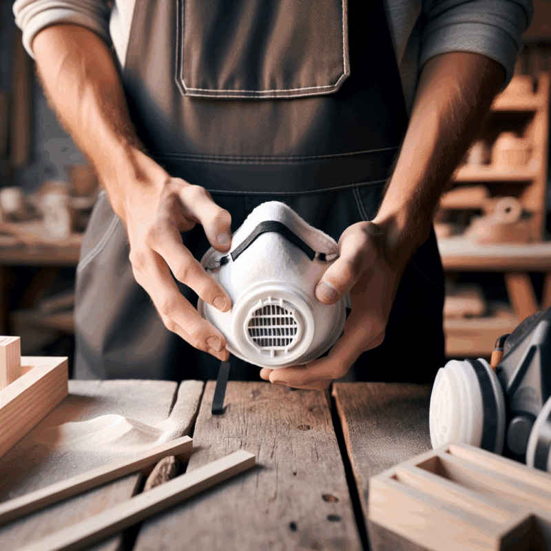 A fast dust mask filter swap in progress, showing hands replacing a white FlowCore filter on a ProDefend Torxup mask at a workbench.