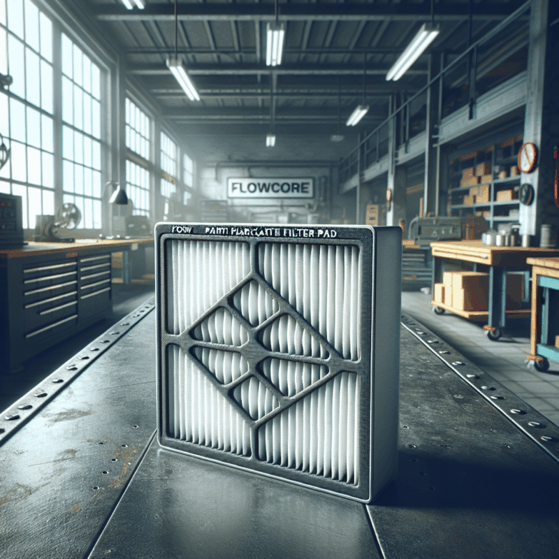 Close-up of a FlowCore filter pad showing clear filter indicators for pad replacement in a workshop environment.